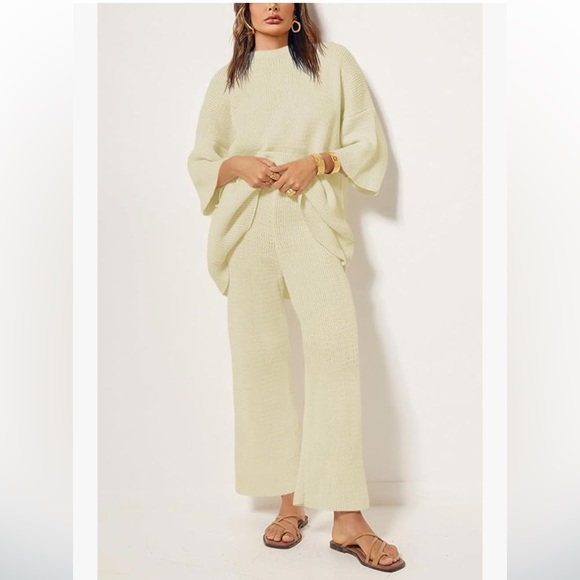 2 Piece Outfit Oversized Knitted Top and Wide Leg Pants Loungewear Sweater Set - Picture 3 of 10